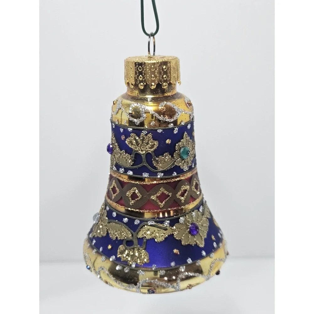 Hand Blown Glass Jeweled Bell Christmas Tree Ornament Blue Gold Glitter In Box